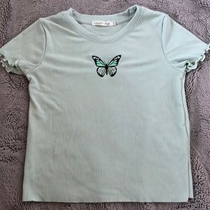 spencer’s see through shirt. purple with butterfly’s. size small